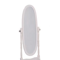 a white wooden stand with a large mirror on it's back end and legs