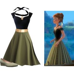 a woman in a dress and shoes next to an image of the princess from disney's sleeping beauty