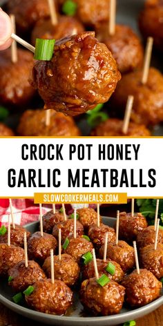 crock pot honey garlic meatballs with toothpicks in them on a plate