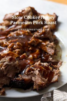 slow cooker honey parmesan pork roast on a white plate with text overlay