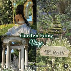 the garden fairy virgo sign is in front of a woman sitting on a bench