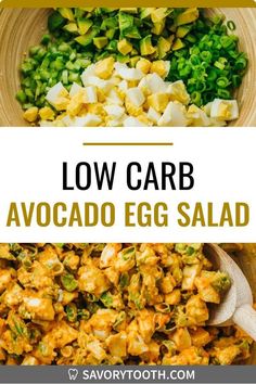 low carb avocado egg salad in a bowl with the title above it