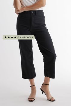 These stretch cotton twill high-waisted wide-leg pants are perfect to pair with shorter tops. Featuring a flattering cropped length, they're soft with a bit of stretch for extra comfort and the perfect fit.  | Quince | Women's Cropped Wide-Leg Chino Pants in Black, Stretch Cotton Twill, Size 29 Chino Pants, Black Stretch, Chinos Pants, Quince, Cropped Pants, Short Pants, Short Tops, Women Crop, Stretch Cotton