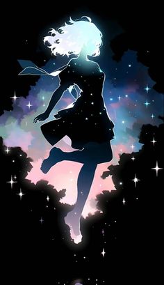 a girl is flying through the air with her arms outstretched in front of stars and clouds