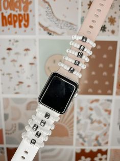 Custom Letter Beaded Watch Charm/apple Watch Halo - Etsy Trendy Beaded Apple Watch Band, Trendy Beaded Apple Watch Band As Fashion Accessory, Trendy Adjustable Watch Accessories For Gift, Trendy Adjustable Beaded Apple Watch Band, Trendy Round Jewelry With Letter Beads, Adjustable White Apple Watch Band For Everyday, Trendy Silver Beaded Watch Band, Trendy Adjustable Watch Band For Everyday, Trendy Silver Watch Bands For Everyday