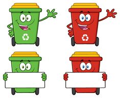 four cartoon trash cans with different expressions holding a blank sign and pointing to the side