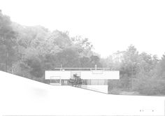 a black and white photo of a house on top of a hill with trees in the background