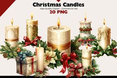 christmas candles with bows and holly wreaths