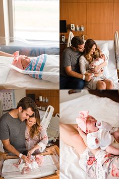 A newborn little girl with her parents during a photo shoot taken in her first 48 hours of life. Newborn Picture Ideas Hospital, Newborn Birth Photography, Newborn Home Photoshoot Bed, Newborn Picture In Hospital, Fresh 48 Picture Ideas, Post Delivery Pictures, Newborn First 48 Photography, Newborn Fresh 48, Newborn Photos At The Hospital