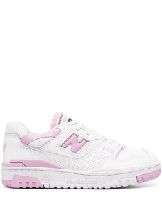 550 low-top sneakers from NEW BALANCE featuring calf leather, logo patch to the side, perforated detailing, round toe, front lace-up fastening, logo patch at the tongue, branded insole, rubber sole and white/pink. Pink White Sneakers, Streetwear Fashion Pink, Cute Trendy Shoes, Y2k Sneakers, Pink New Balance, Preppy Sneakers, Low Top Sneakers, Trendy Shoes Sneakers, Dr Shoes