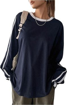 Amazon.com: RoseSeek Damen Oversized T-Shirts Gestreift Langarm Drop Shoulder Tee Shirts Rundhals Pullover Tops, Dunkelblau : Kleidung, Schuhe & Schmuck Drop Shoulder Tee, Oversized T Shirts, Amazon Com, Drop Shoulder, Tee Shirts, Cute Outfits, T-shirt, T Shirts, Clothes