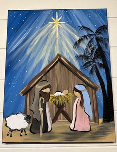 a painting of three people and a baby jesus in front of a manger scene