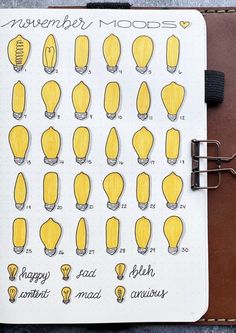 an open notebook with yellow lightbulbs drawn on it and the words november mood