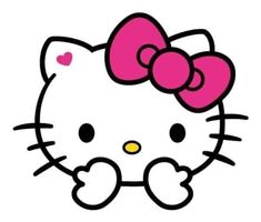 a hello kitty face with a pink bow on it's head and heart shaped ears