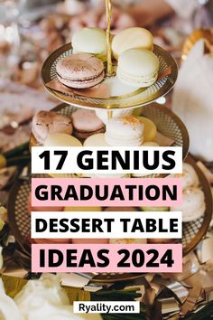 a table topped with pastries and desserts next to a bottle of wine that says 17 genius graduation dessert table ideas