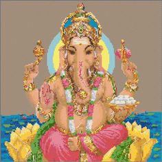 an image of the god ganesha with flowers on it's chest and hands