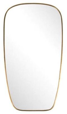 a white mirror with gold trim on the edges and bottom part, in front of a white background