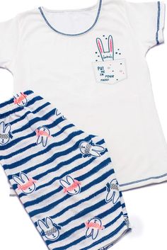 If you´re a bunny lover, this set is for you! Enjoy the cute print on these capri pajama set, the bunny peeking out of your pocket ads to the look and lots of little bunnies on the striped pants. Our bunny set is cute and super comfortable and also comes in kids for twining nights What we love about it: The pastel colors and cool details Fit: This pj set fits true-to-size.Length: Top hits on the hips and capris go below the knee.Bust: The top is fitted-recommended for any cup.Waist: Fitted-Elast Spring Bedtime Sets With Cartoon Print, Spring Cartoon Print Sets For Bedtime, Spring Cartoon Print Loungewear Sets, White Cartoon Print Sleepwear Set, Playful White Pajama Shorts For Loungewear, Playful White Pajama Shorts For Pajama Party, White Cartoon Print Sleep Top, White Graphic Print Pajama Party Sets, White Graphic Print Bedtime Sets