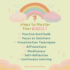 the steps to master your mindset poster with rainbows and clouds in pastel colors