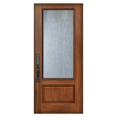 a wooden door with frosted glass on the top and bottom panel, in front of a white background