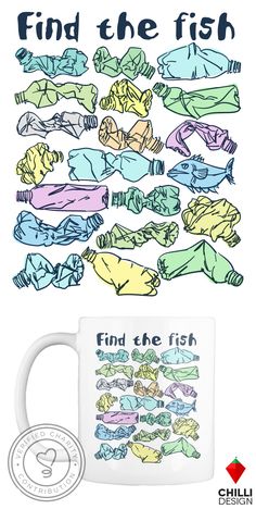 a coffee mug with the words find the fish on it and an image of several different types