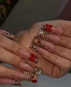 #nailart Red Nails With Gold Gems, Christmas And Birthday Nails, Shorties Christmas Nails, Cheetah Print Nail Ideas, Red And Gold Birthday Nails, Acrylic Nails With Cherries, Girly Birthday Nails, Cheetah Red Nails, Gold And Red Nails Acrylic