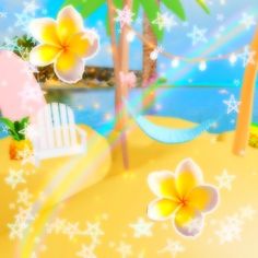 an animated beach scene with flowers and palm trees