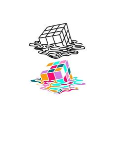 an abstract drawing of a cube floating in the water, and another object hovering above it