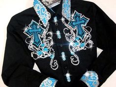 Just Fly Designs Bling Turquoise Cross Rodeo Queen Shirt Barrel Racing Outfits, Rodeo Queen Clothes, Racing Clothes, Western Dress Shirts, Queen Clothes, Country Jeans, Cowgirl Clothes, Turquoise Crystals, Western Show Clothes