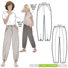 the front and back view of a woman's pants, with measurements for each side