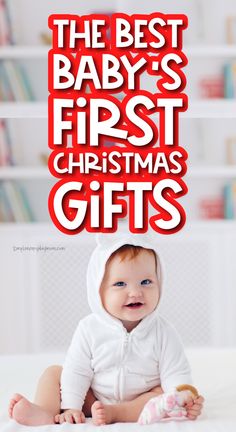 the baby's first christmas gifts are in red and white letters, with an image of