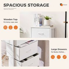 an advertisement for spaceous storage with two drawers