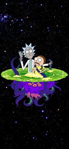 the rick and mort cartoon character are sitting on top of a floating object in space