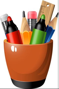 a red cup filled with different types of pens, pencils and markers on top of a white background