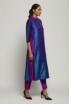 Blue silk patchwork kurta with mandarin collared neckline. - Aza Fashions Blue Cotton Silk Straight Kurta, Fitted Blue Chanderi Kurta, Blue Silk Straight Kurta, Purple Cotton Silk Straight Kurta, Blue Silk Kurta For Navratri, Blue Silk Kurta For Diwali, Blue Cotton Silk Kurta For Navratri, Silk Patchwork, Kurta Women