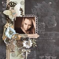 a scrapbook page with an image of a woman's face and flowers on it