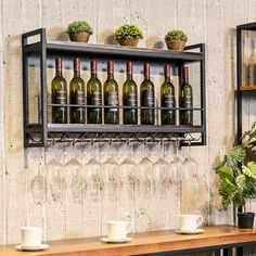 several wine bottles and glasses are on the shelf next to each other in front of a potted plant