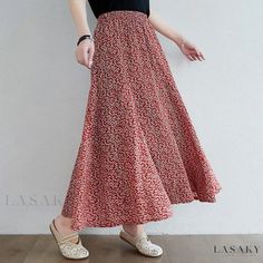 Lasaky - Loose Fit Floral Midi Skirt Casual Non-stretch Floral Print Maxi Skirt, Casual Non-stretch Floral Maxi Skirt, Casual Red Non-stretch Maxi Skirt, Casual Non-stretch Red Maxi Skirt, Red Flowy Casual Skirt, Casual Flowy Long Skirt, Vintage Denim Skirt, Floral Print Midi Skirt, Half Skirt