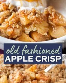 an old fashioned apple crisp in a white bowl