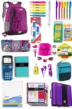 the contents of a school bag are arranged neatly on a white background, including pens, notebooks, markers and pencils