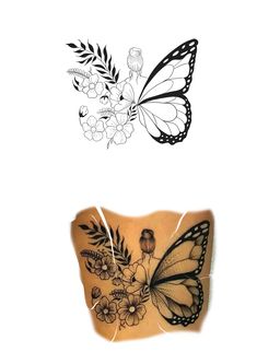 two butterflies and flowers are on the back of a woman's stomach, one is black and white