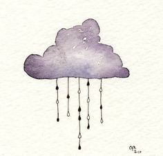 a watercolor drawing of a purple cloud with rain drops hanging from it's sides