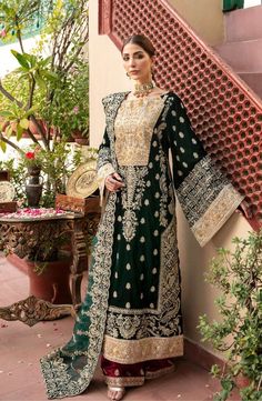 Buy Pakistani Party Dresses-Formal Pakistani Dress In Bottle Green Shade-Pakistani Bridal Wear With Sequins, Thread, Dabka, Tila, Kora, Stones Embroidery Work In USA, UK, Canada, Australia Visit Now : www.NameerabyFarooq.com or Call / Whatsapp : +1 732-910-5427 Velvet Suits Women, Velvet Dress Designs Pakistani, Velvet Suits Women Indian, Suits Women Indian, Pakistani Velvet Dresses, Batik Print Dress, Lehenga Jewellery, Velvet Dress Designs, Lehenga Style