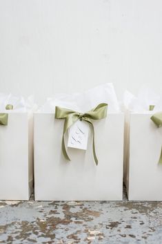 three small white bags with green bows and a tag on the front one is empty