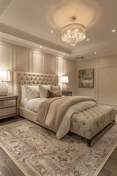 a large bed sitting in the middle of a bedroom next to a chandelier