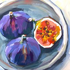 an oil painting of three purple onions on a plate