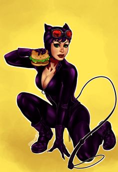 a drawing of a catwoman holding a sandwich