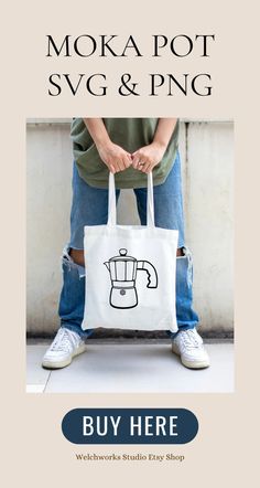 a person holding a white bag with the words moka pot svg & png on it