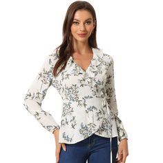 Elevate your wardrobe with the Allegra K Women's Floral Print V-Neck Wrap Shirt, a perfect blend of elegance and comfort. This charming top features:

- Material: Lightweight chiffon for a soft and breezy feel
- Design: Floral print with a flattering V-neck and ruffle neck detail
- Style: Wrap-style bodice with a tie waist and peplum silhouette
- Color: Crisp white, ideal for spring and summer looks
- Size: Available in Small
- Gender: Female
- Age Group: Adult

Ideal for both office wear and ca Wrap Top Long Sleeve, Tie Waist Shorts, Ruffle Fabric, Chiffon Wrap, Peplum Shirts, Cowl Neck Long Sleeve, Wrap Shirt, Women's Blouses, Peplum Blouse