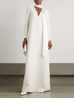 Long Sleeves Pockets Solid Color V-neck Scarf&evening Dresses White Wrap Dress, Long Sleeve Evening Dresses, Satin Gown, Maxi Dress Evening, Elegant Party, Floor Length Dresses, Evening Dresses Long, Party Dresses For Women, Neck Scarves